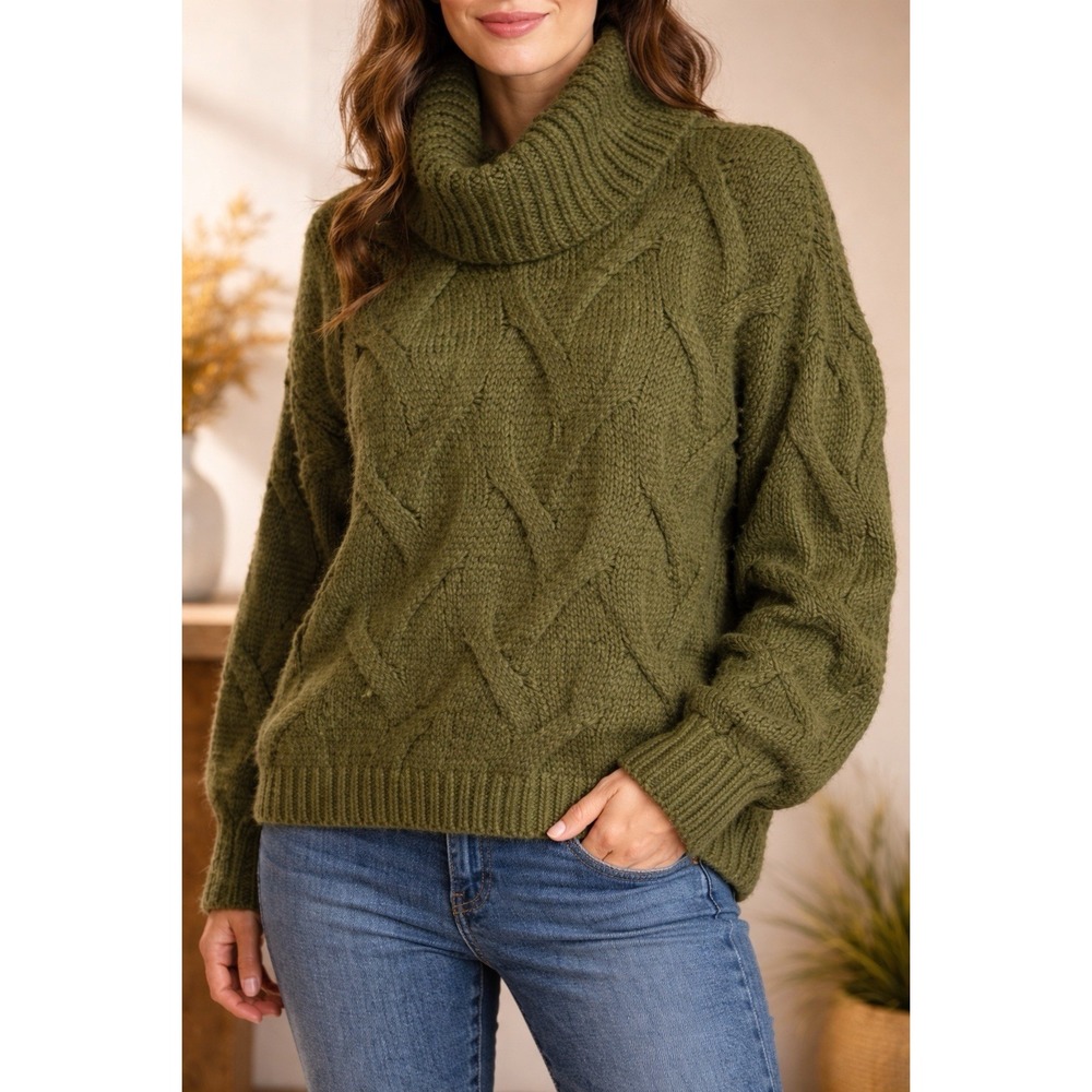 Madewell Olive Cable Knit Sweater Women L Cowl Neck Chunky Oversized Cozy